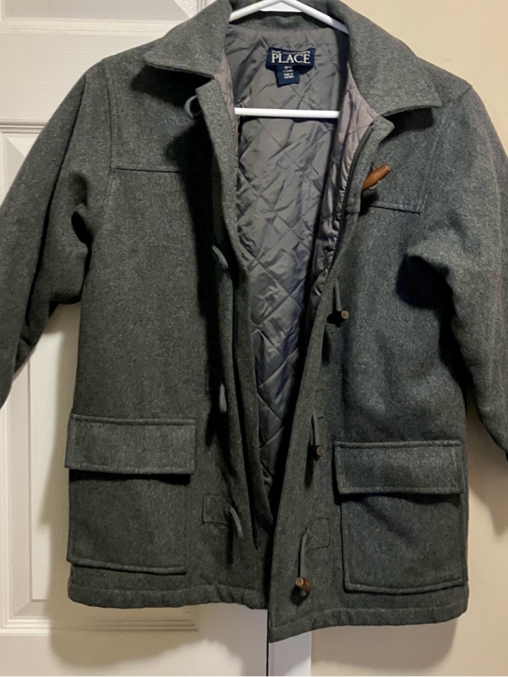 Kids Classic Pea Coat Dark Grey Quilted Warm Jacket Zipper & Toggle Size 7/8